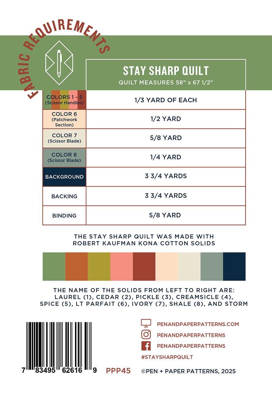 Pen + Paper Patterns Stay Sharp Quilt Pattern Finished Size: 58"x67.5” (Optional Fineline Glue Tip Sets Available)