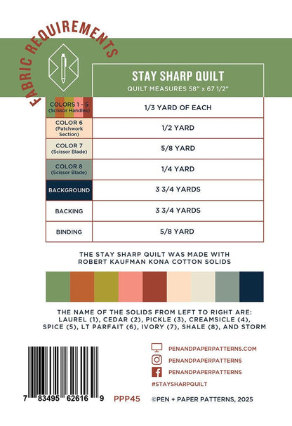 Pen + Paper Patterns Stay Sharp Quilt Pattern Finished Size: 58"x67.5” (Optional Fineline Glue Tip Sets Available)
