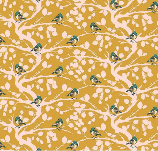 LAST BOLT!! Riley Blake Porch Swing Fabric Collection Birds and Branches on Mustard Premium 100% Cotton Quilt Shop Quality Fabrics