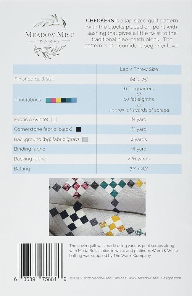 Meadow Mist Designs Checkers Quilt Pattern Finished Size: 64"x75"