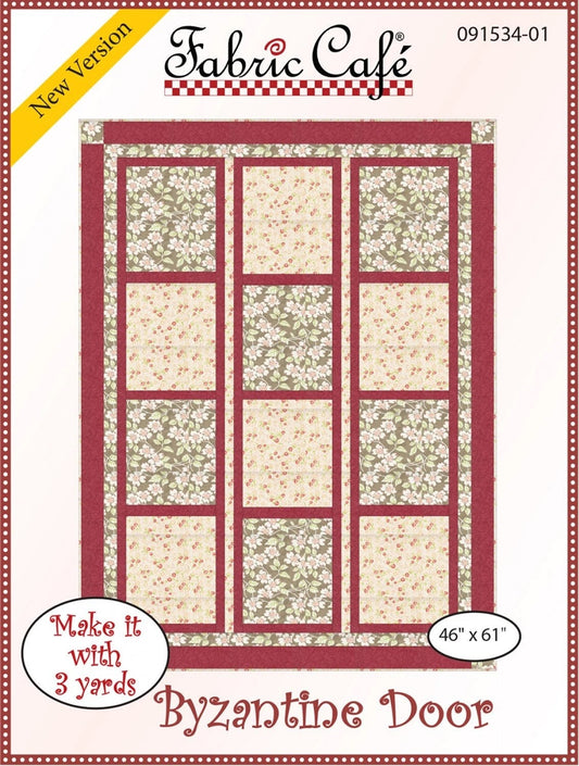 May include: A quilting pattern for a quilt called &#39;Byzantine Door.&#39; The pattern is from Fabric Cafe and is a new version. The quilt is made with 3 yards of fabric and measures 46 inches by 61 inches. The quilt is a simple design with a red border and a floral pattern in the center. The pattern is labeled with the number 091534-01.