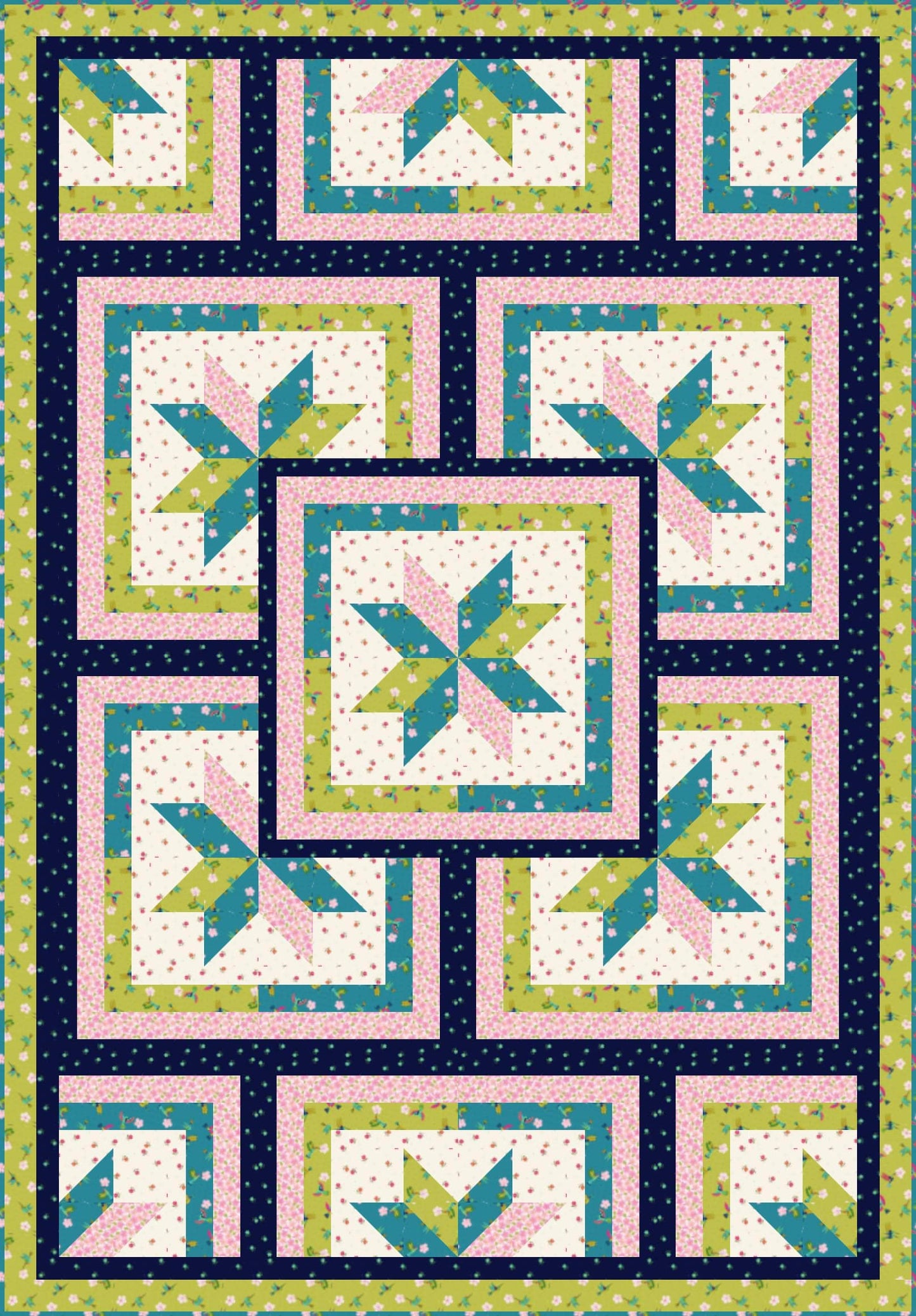 LIMITED EDITION!! Fabric Cafe Zenith Quilt Kit Featuring Lewis & Irene Hibiscus Hummingbird Fabric Collection Finished Size: 50"x72"