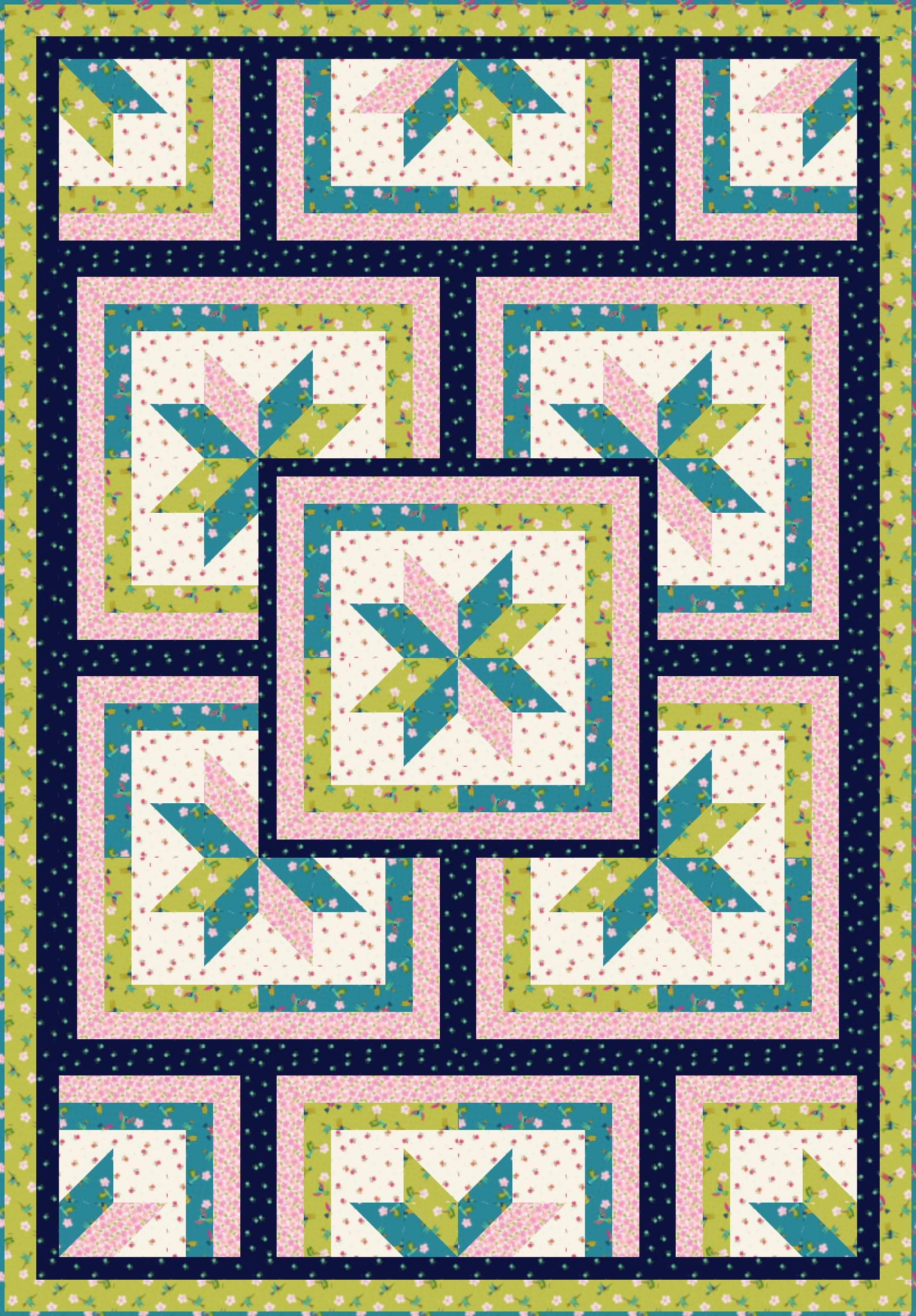 LIMITED EDITION!! Fabric Cafe Zenith Quilt Kit Featuring Lewis & Irene Hibiscus Hummingbird Fabric Collection Finished Size: 50"x72"