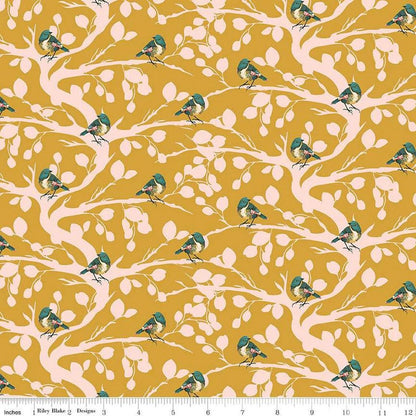 LAST BOLT!! Riley Blake Porch Swing Fabric Collection Birds and Branches on Mustard Premium 100% Cotton Quilt Shop Quality Fabrics
