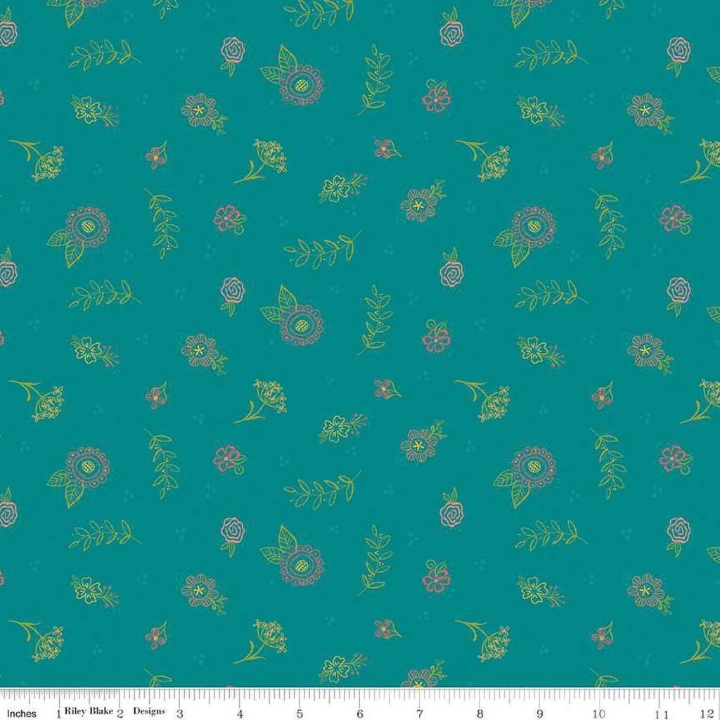 Riley Blake Heather Peterson Market Street Fabric Collection Embroidery Flowers on Teal Premium 100% Quilt Shop Quality Cotton Fabric