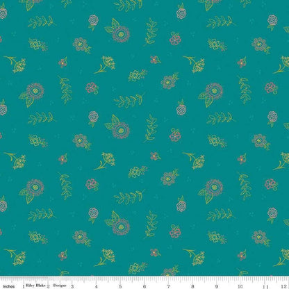 Riley Blake Heather Peterson Market Street Fabric Collection Embroidery Flowers on Teal Premium 100% Quilt Shop Quality Cotton Fabric