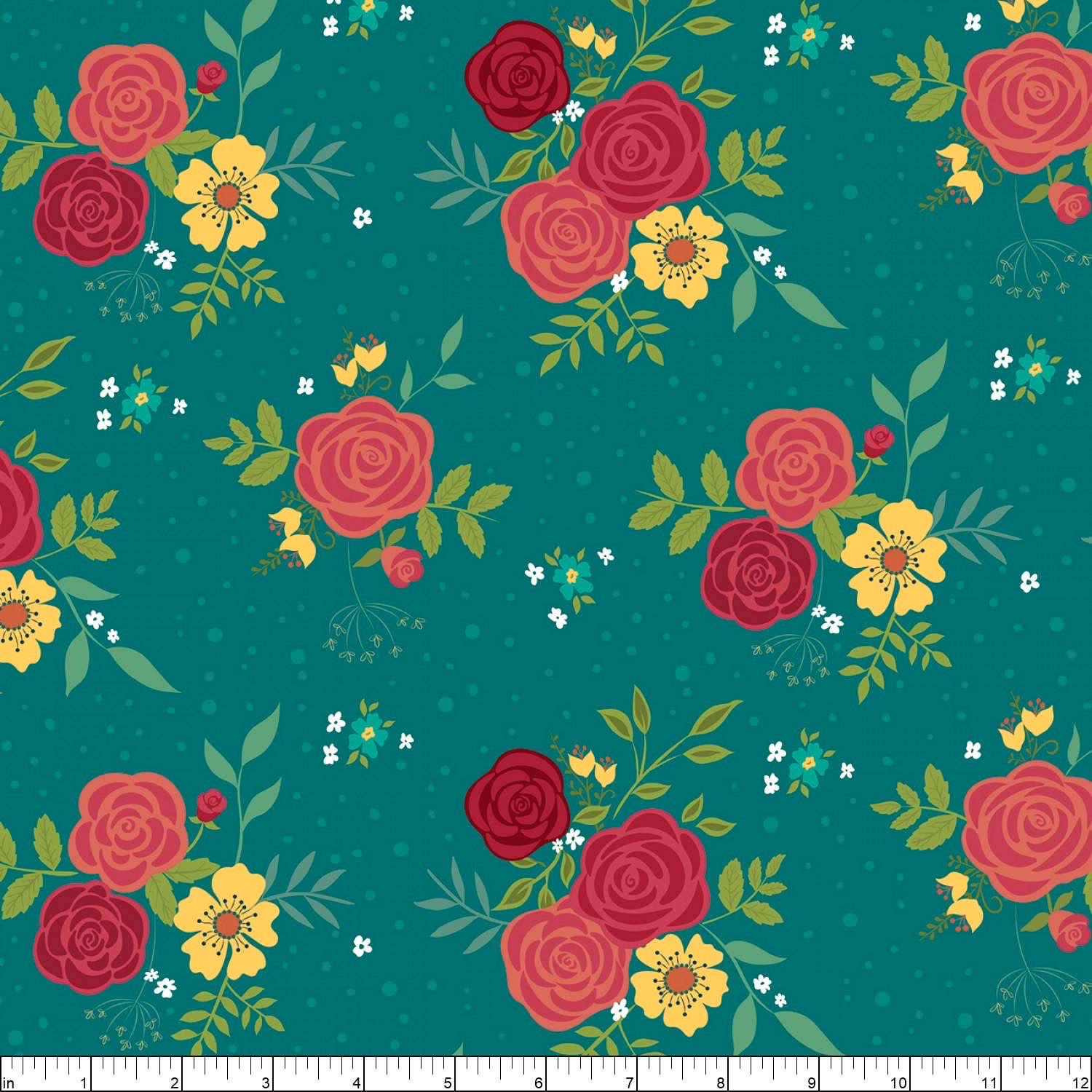 Riley Blake Heather Peterson Market Street Fabric Collection Main Print Large Floral on Teal Premium 100% Quilt Shop Quality Cotton Fabric