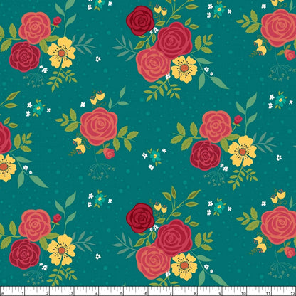 Riley Blake Heather Peterson Market Street Fabric Collection Main Print Large Floral on Teal Premium 100% Quilt Shop Quality Cotton Fabric