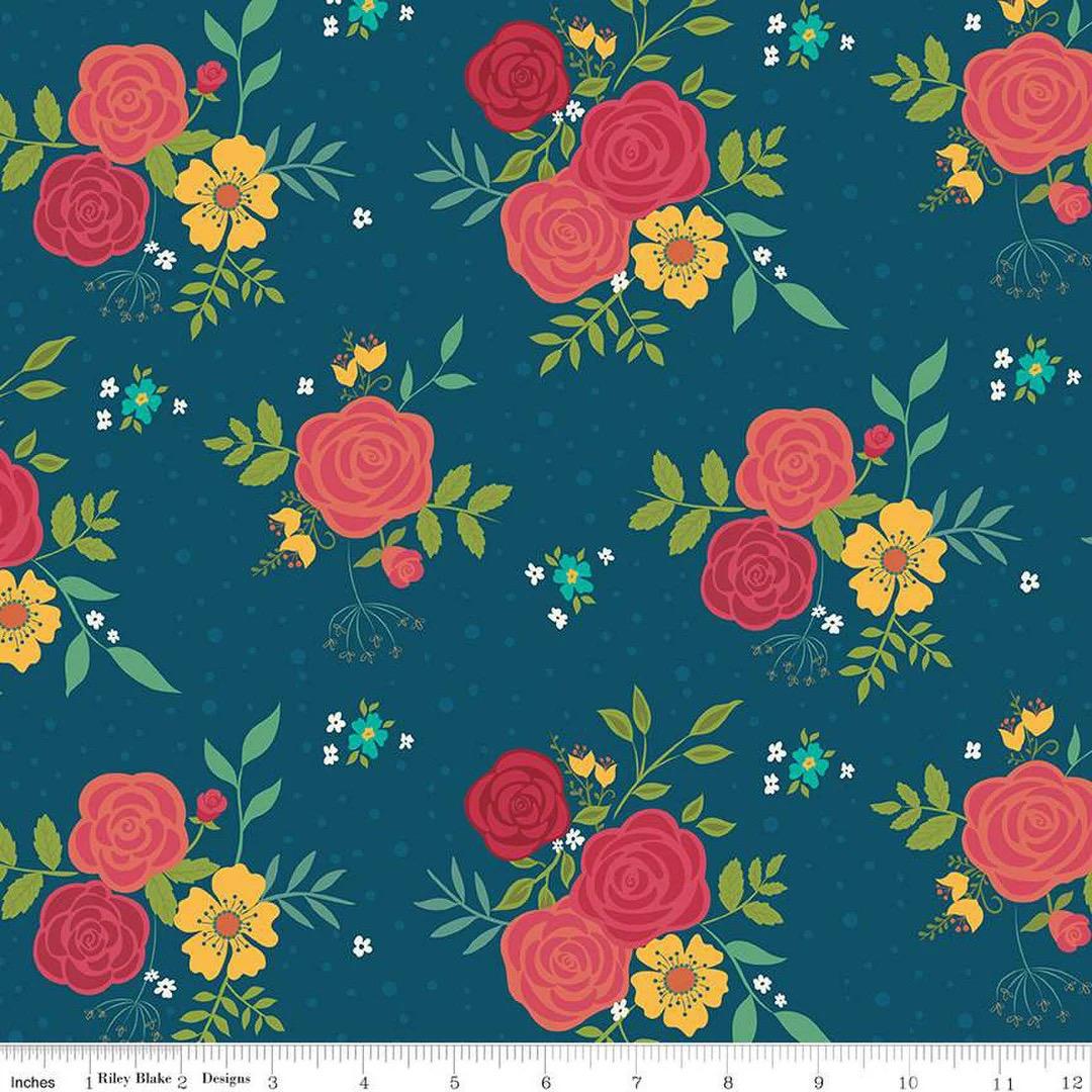 Riley Blake Heather Peterson Market Street Fabric Collection Main Print Large Floral on Navy Premium 100% Quilt Shop Quality Cotton Fabric