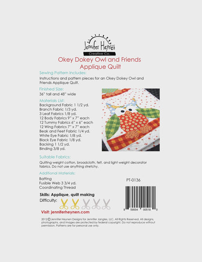 Jennifer Heynen Creative Co Okey Dokey Owl and Friends Quilt Pattern Finished Size: 36"x48" PT-0136