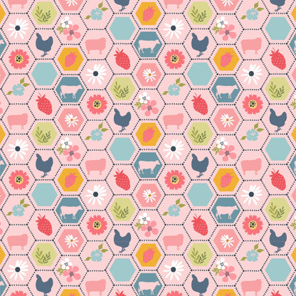 Poppie Cotton Sunshine & Chamomile Fabric Collection Strawberry Patch on Pink Premium 100% Cotton Quilt Shop Quality Fabrics