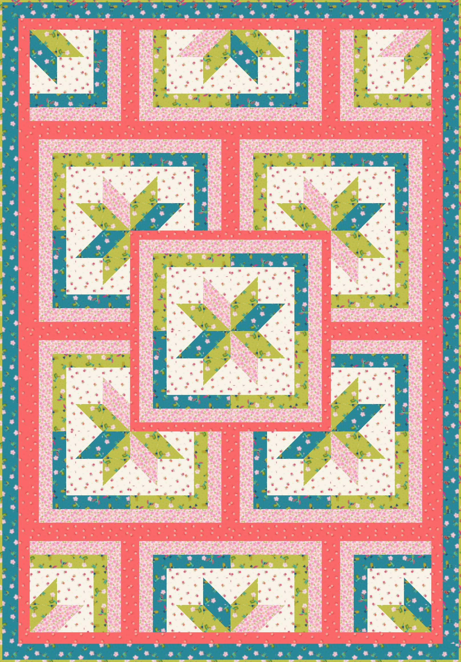 LIMITED EDITION!! Fabric Cafe Zenith Quilt Kit Featuring Lewis & Irene Hibiscus Hummingbird Fabric Collection Finished Size: 50"x72"