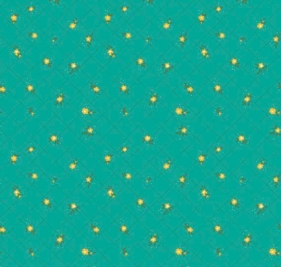 Riley Blake Heather Peterson Market Street Fabric Collection Flower Grid on Teal Premium 100% Quilt Shop Quality Cotton Fabric