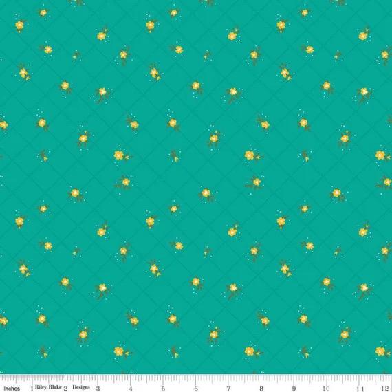 Riley Blake Heather Peterson Market Street Fabric Collection Flower Grid on Teal Premium 100% Quilt Shop Quality Cotton Fabric