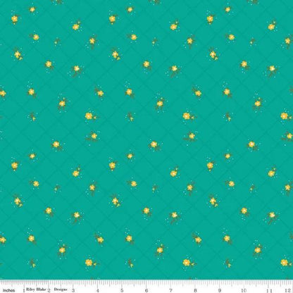 Riley Blake Heather Peterson Market Street Fabric Collection Flower Grid on Teal Premium 100% Quilt Shop Quality Cotton Fabric