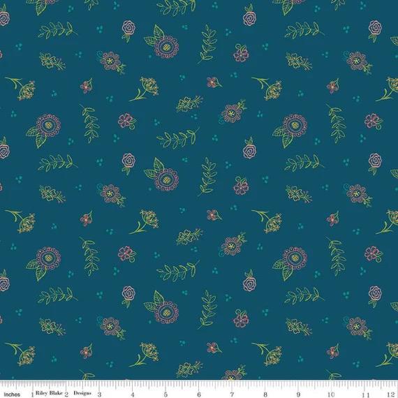 Riley Blake Heather Peterson Market Street Fabric Collection Embroidery Flowers on Navy Premium 100% Quilt Shop Quality Cotton Fabric