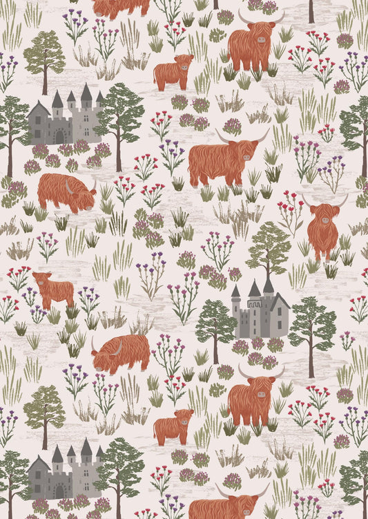 LAST BOLT!! Lewis & Irene Loch Lewis Flannel Fabric Collection Castles and Highland Cattle on Dark Cream Premium 100% Cotton Flannel Fabrics