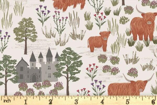 LAST BOLT!! Lewis & Irene Loch Lewis Flannel Fabric Collection Castles and Highland Cattle on Dark Cream Premium 100% Cotton Flannel Fabrics