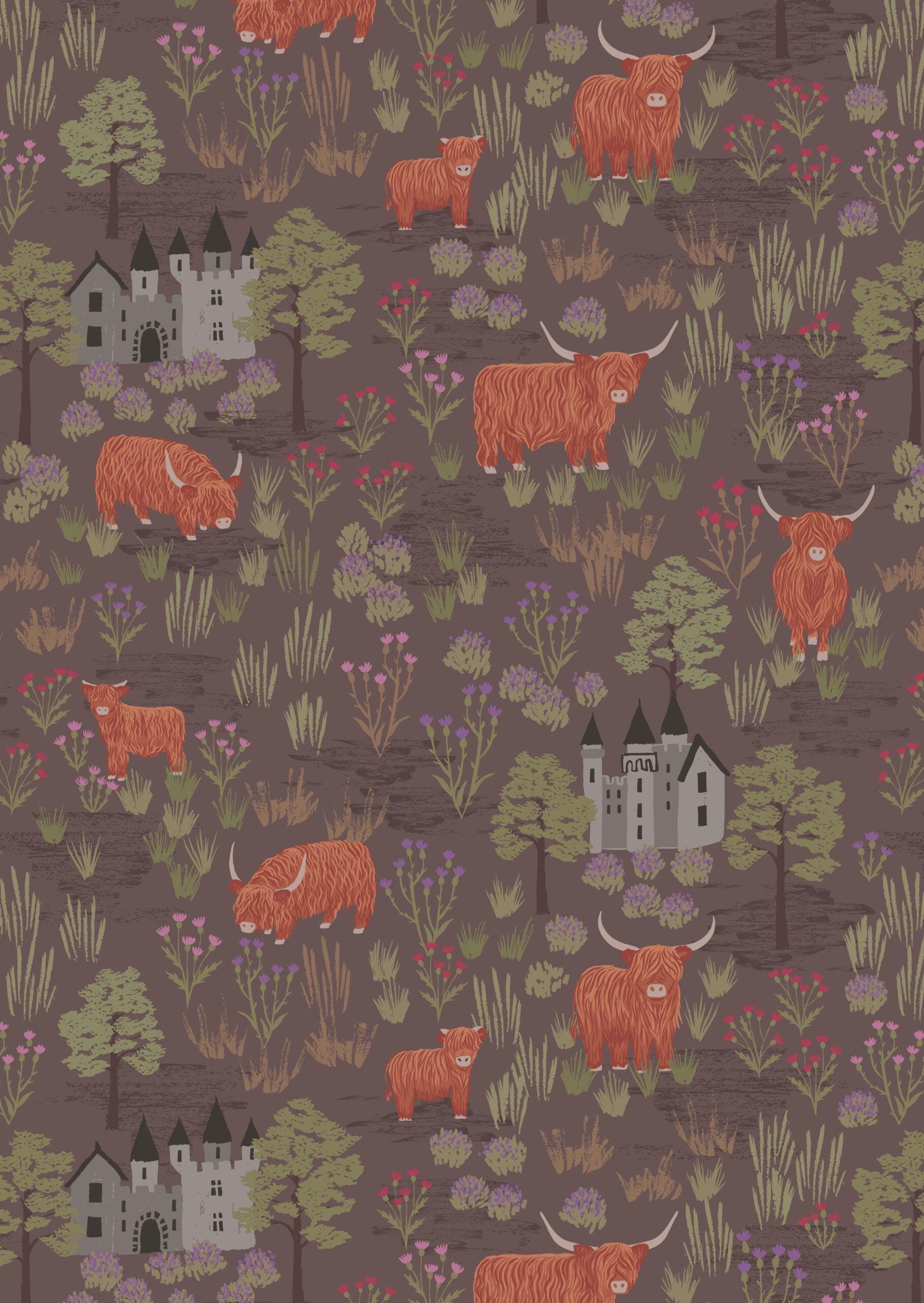 LAST BOLT!! Lewis & Irene Loch Lewis Flannel Fabric Collection Castles and Highland Cattle on Mocha Premium 100% Cotton Flannel Fabrics