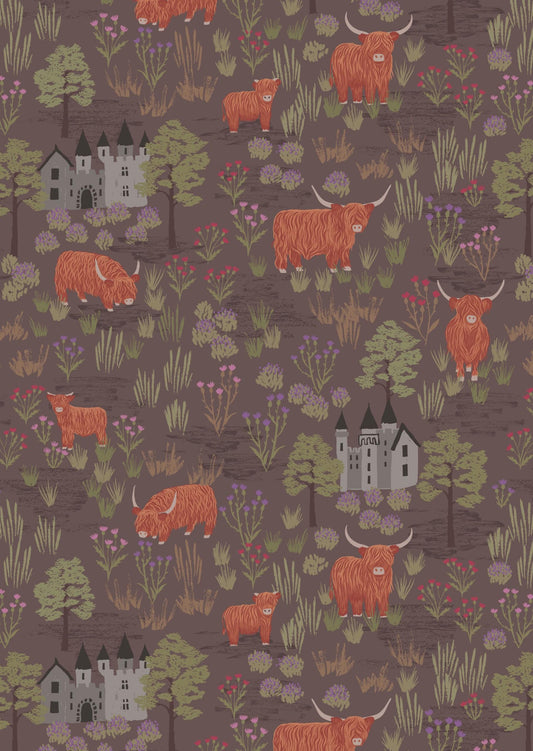 LAST BOLT!! Lewis & Irene Loch Lewis Flannel Fabric Collection Castles and Highland Cattle on Mocha Premium 100% Cotton Flannel Fabrics