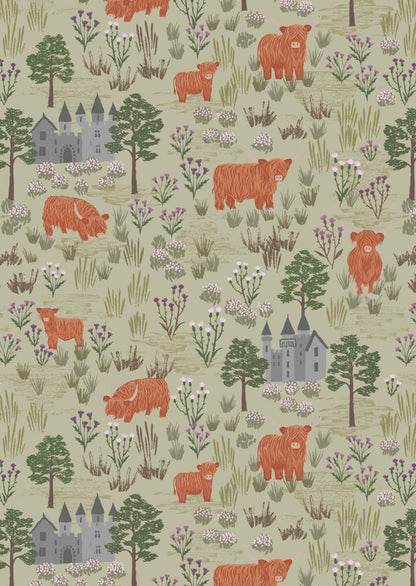 LAST BOLT!! Lewis & Irene Loch Lewis Flannel Fabric Collection Castles and Highland Cattle on Light Sage Premium 100% Cotton Flannel Fabrics