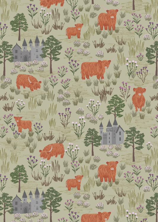 LAST BOLT!! Lewis & Irene Loch Lewis Flannel Fabric Collection Castles and Highland Cattle on Light Sage Premium 100% Cotton Flannel Fabrics