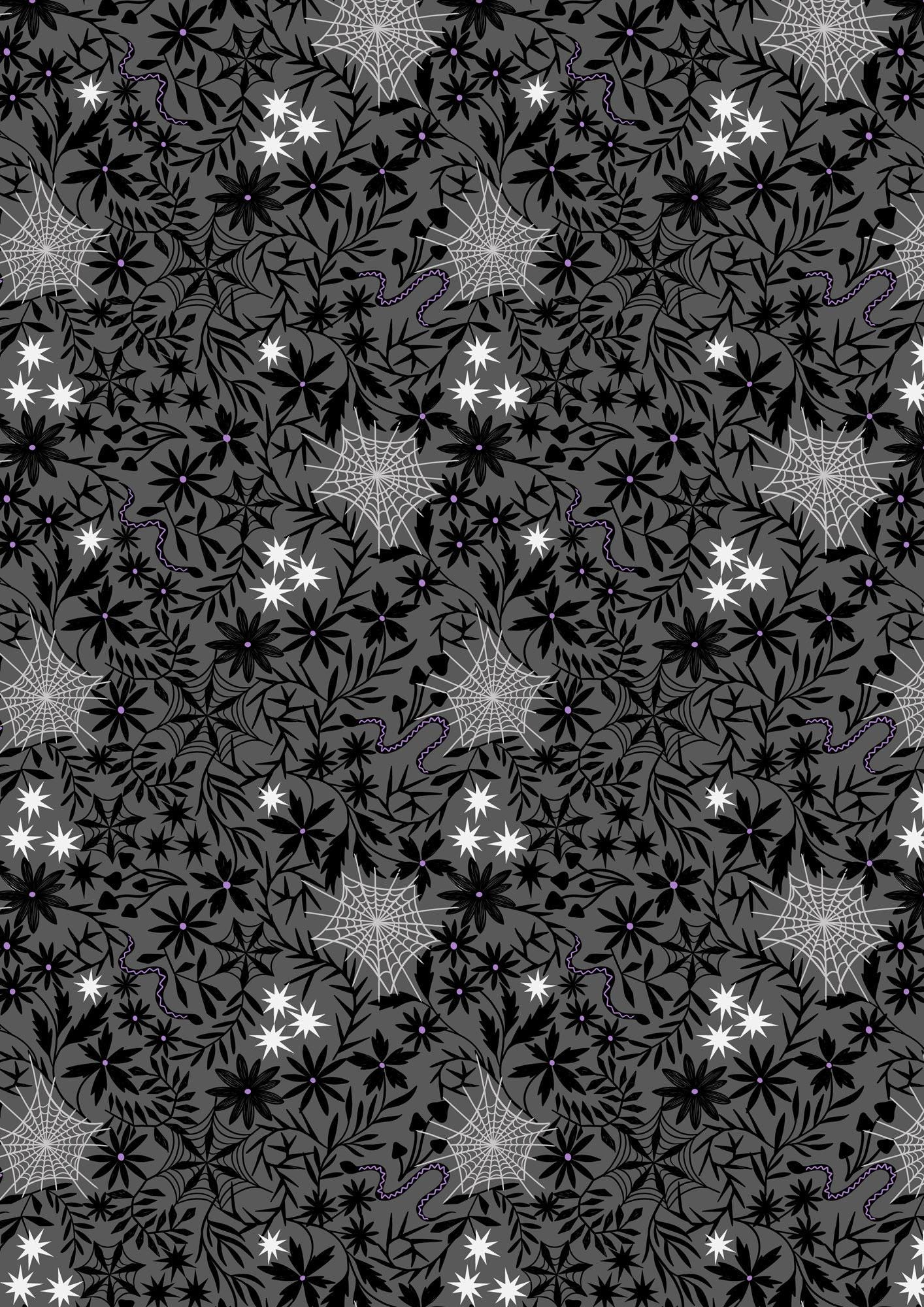 Glow-In-The-Dark Lewis & Irene Witchy Woods Fabric Collection Floral Cobwebs on Gray Authentic Premium 100% Cotton Fabrics