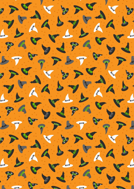 GLOWING FABRICS!! Lewis & Irene Witchy Woods Fabric Collection Witches Hats on Halloween Orange Premium 100% Cotton Fabrics