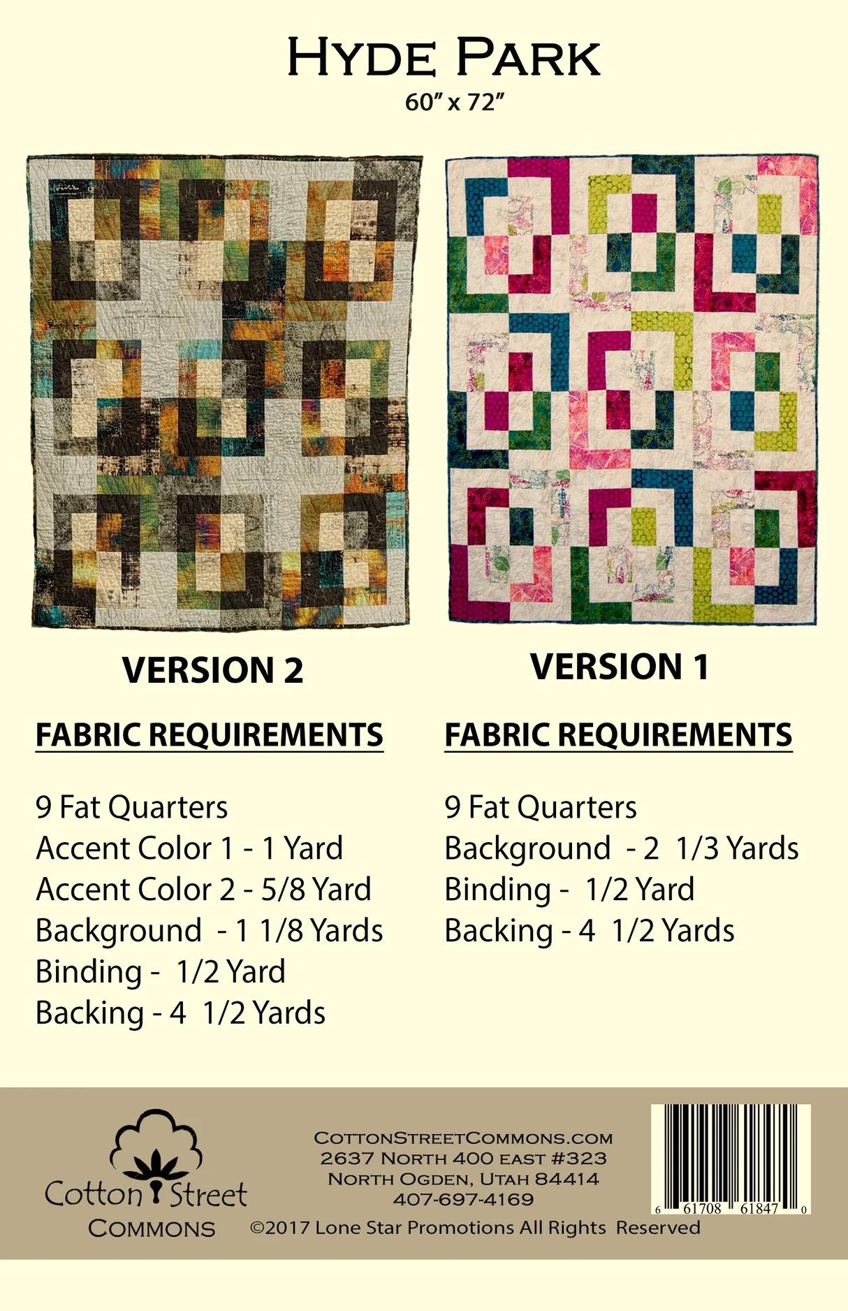 Cotton Street Commons Hyde Park Quilt Pattern Finished Size 60”x72”