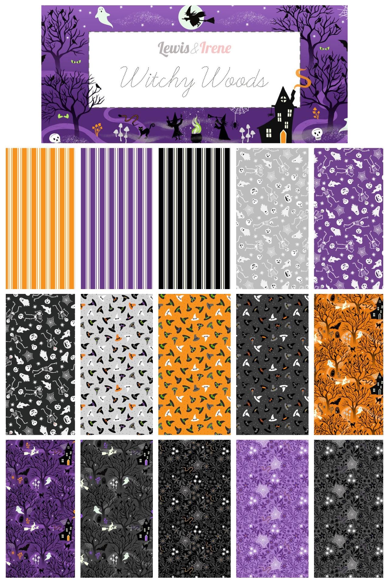 GLOWING FABRICS!! Lewis & Irene Witchy Woods Fabric Collection Witches Hats on Halloween Orange Premium 100% Cotton Fabrics