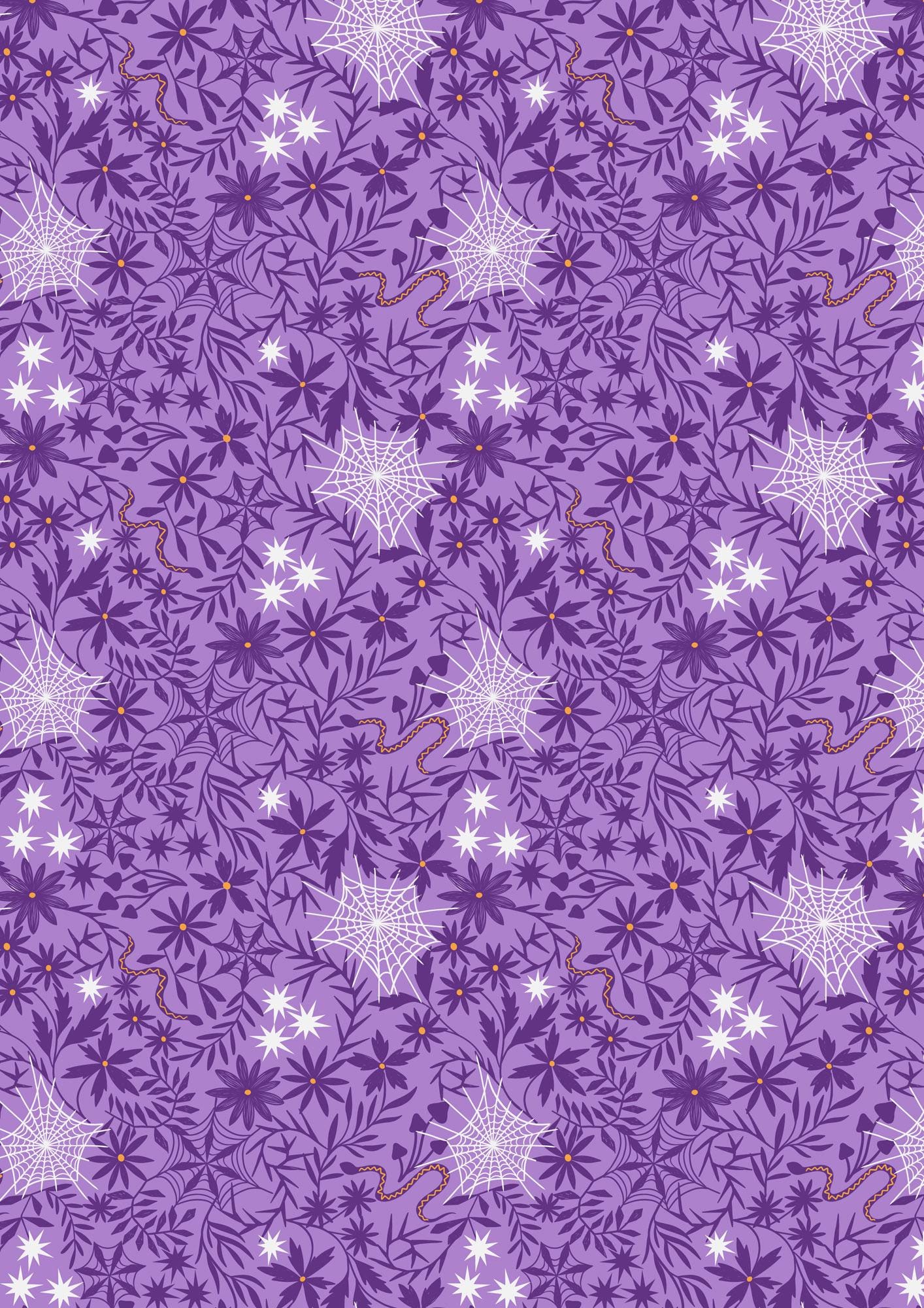 Glow-In-The-Dark Lewis & Irene Witchy Woods Fabric Collection Floral Cobwebs on Light Purple Authentic Premium 100% Cotton Fabrics