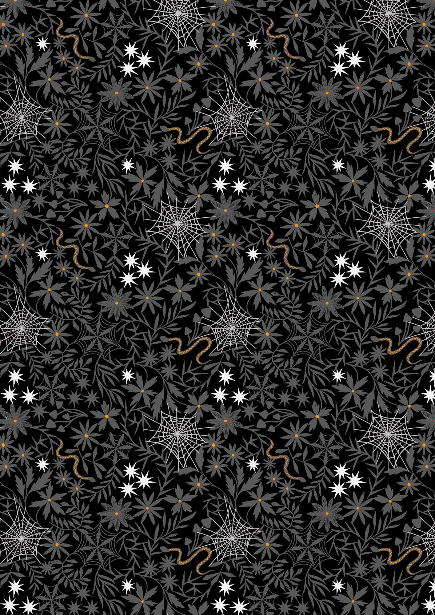 Glow-In-The-Dark Lewis & Irene Witchy Woods Fabric Collection Floral Cobwebs on Black Authentic Premium 100% Cotton Fabrics