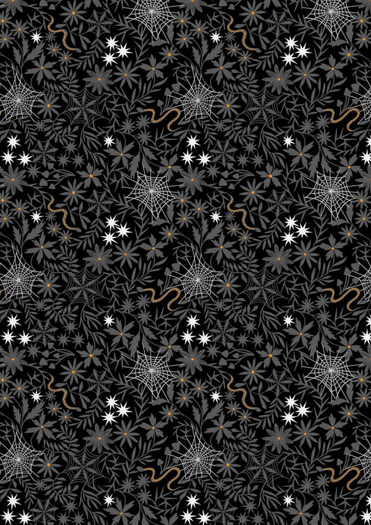 Glow-In-The-Dark Lewis & Irene Witchy Woods Fabric Collection Floral Cobwebs on Black Authentic Premium 100% Cotton Fabrics