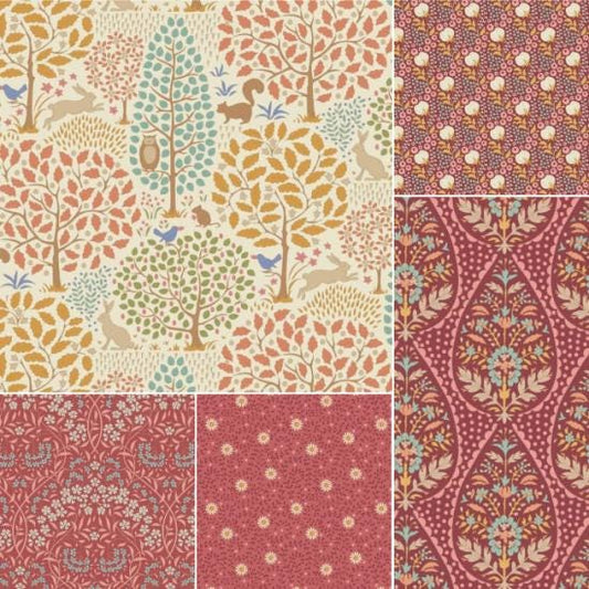 Tilda Sanctuary Maroon & Rhubarb Fabric Collection 5pc Fat Quarter Bundle Authentic Premium 100% Cotton Fabrics