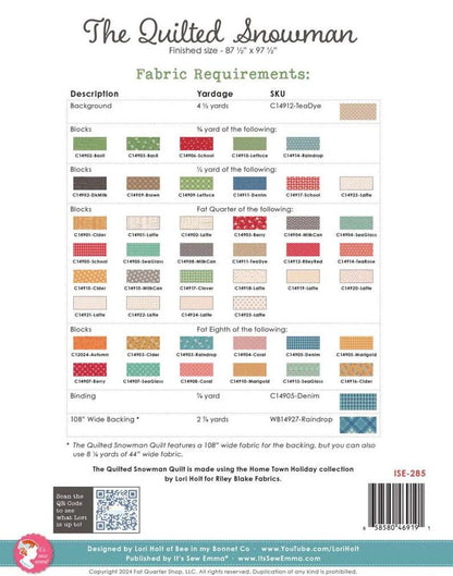 It’s Sew Emma The Quilted Snowman Quilt Pattern ISE-285 Finished Size: 87.5"x97.5"