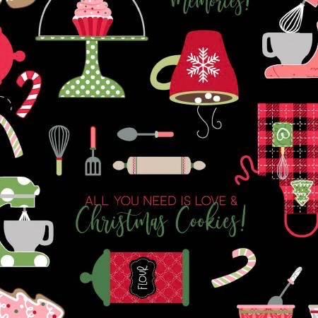 Maywood Studio Kimberbell Jingle & Whisk Fabric Collection Christmas Baking on Black MAS9670-J