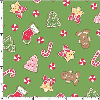Maywood Studio Kimberbell Jingle & Whisk Fabric Collection Merry Christmas Cookies on Green MAS9671-G