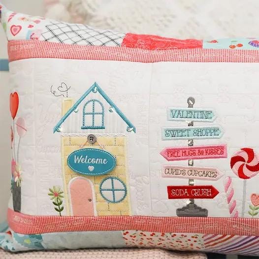 SHIPPING NOW! Kimberbell Sweetheart Street Bench Pillow Collection (Options: ME Download Booklet, Embellishment Kit, Fabric Kit, Thread Set)