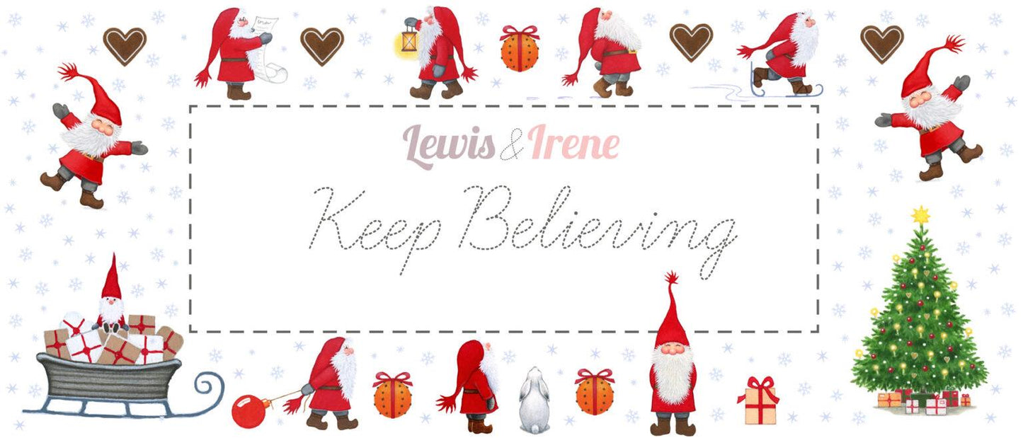 Lewis & Irene Keep Believing Fabric Collection Digital Print Tomte and Snowman on Dark Blue CE16.2