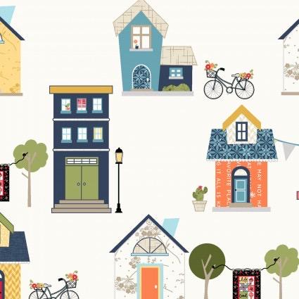 Maywood Studio Kimberbell Make Yourself at Home Fabric Collection Houses on White 100% Cotton