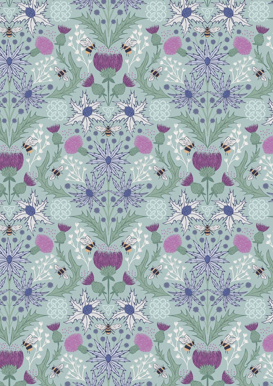 Lewis & Irene A Celtic Summer Fabric Collection Mirrored Thistle and Bees on Duck Egg 989B Authentic Premium 100% Cotton Fabrics