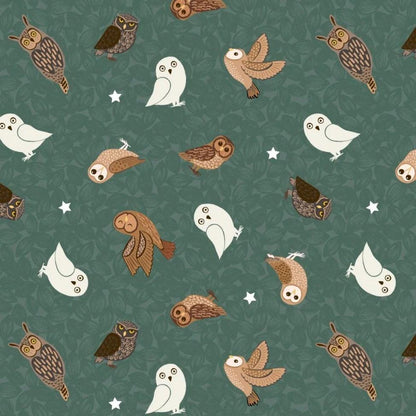 Glow-In-The-Dark Lewis & Irene Nighttime in Bluebell Wood Fabric Collection Owls on Green Premium 100% Cotton Fabrics