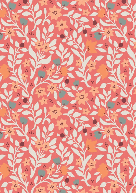 Lewis & Irene Folk Floral Fabric Collection Folk Floral All Over on Coral Authentic Premium 100% Cotton Fabrics