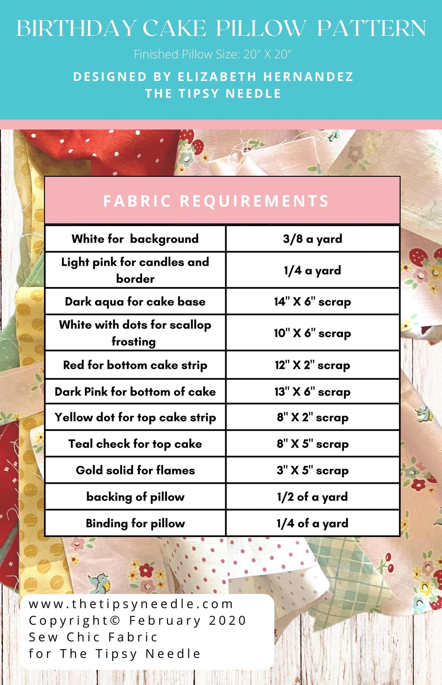 The Tipsy Needle Tipsy Birthday Cake Pillow Pattern Finished Size: 20"x20"