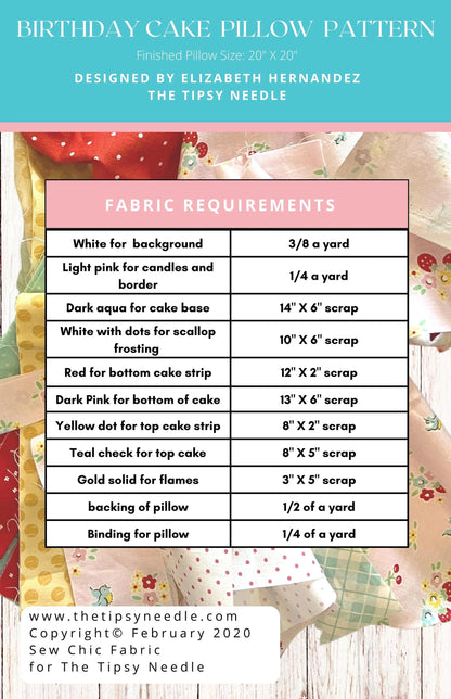 The Tipsy Needle Tipsy Birthday Cake Pillow Pattern Finished Size: 20"x20"