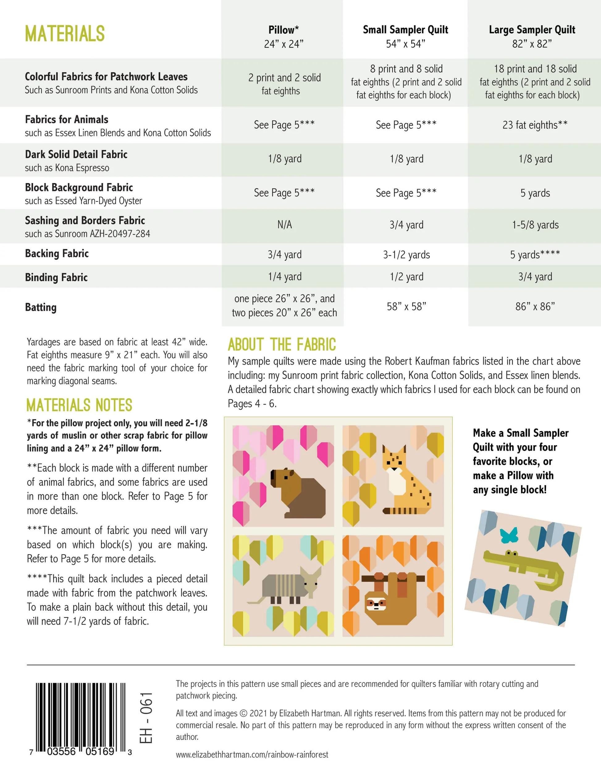 Elizabeth Hartman Rainbow Rainforest Sampler Quilt & Pillow Pattern - 2 Size Variations Per Pattern
