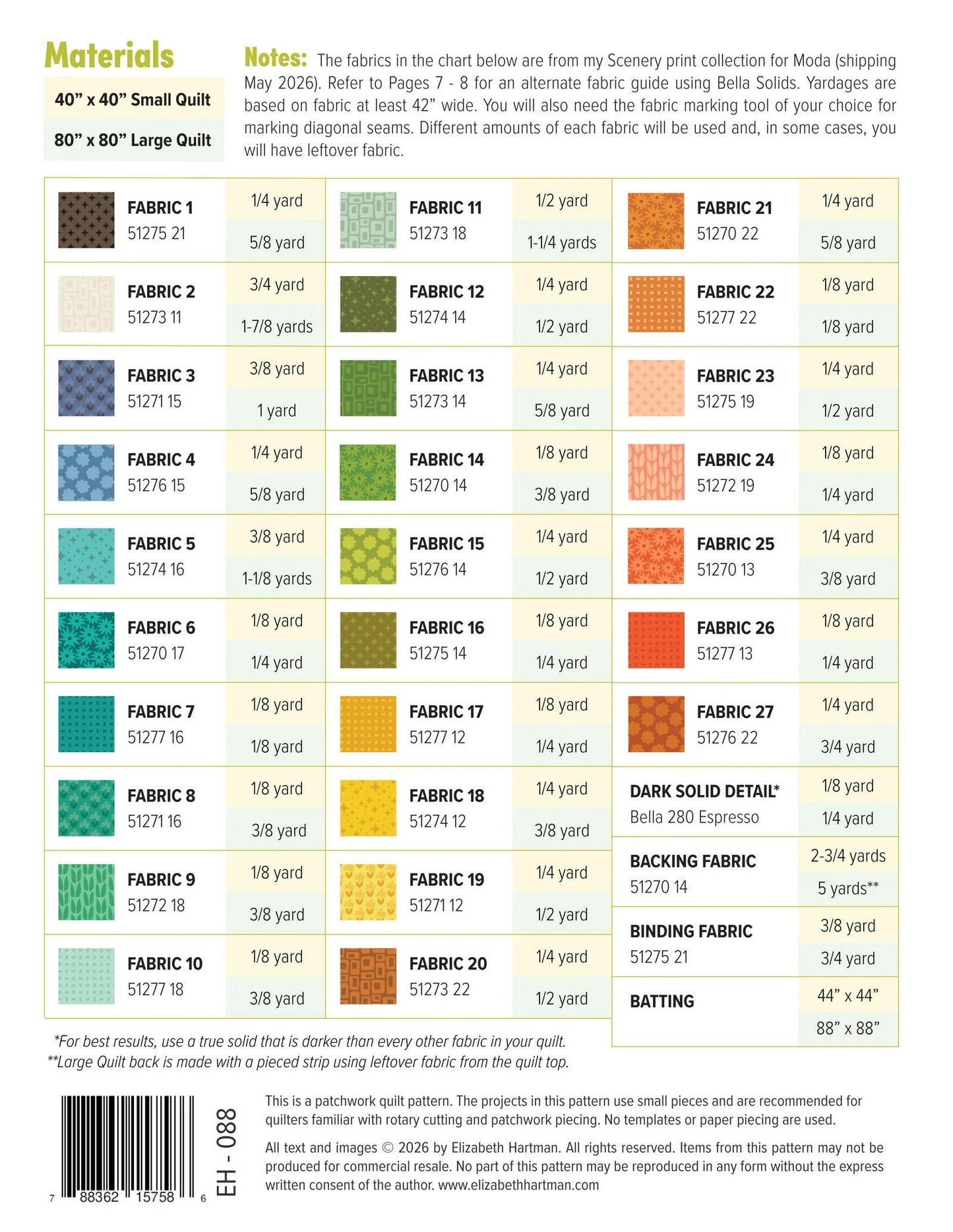 Elizabeth Hartman Outdoors Pattern EH-088 - 2 Size Variations Per Pattern
