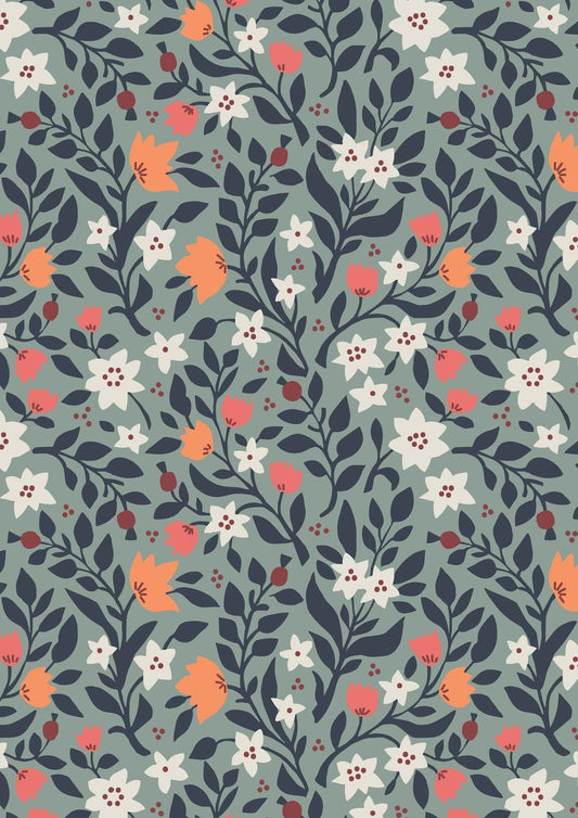 Lewis & Irene Folk Floral Fabric Collection Folk Floral All Over on Iced Sage Authentic Premium 100% Cotton Fabrics