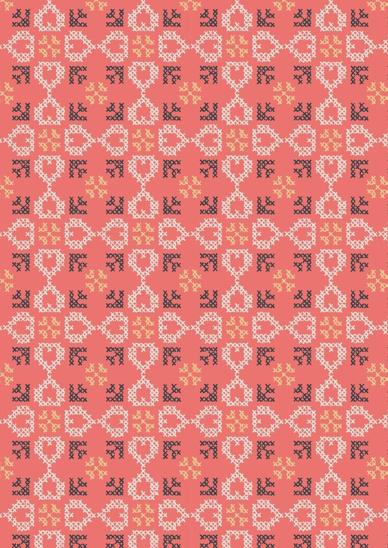 Lewis & Irene Folk Floral Fabric Collection Cross Stitch Hearts on Coral Authentic Premium 100% Cotton Fabrics
