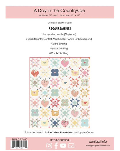 Poppie Cotton A Day in the Countryside Quilt Pattern PHP23108 Finished Size: 72"x84"